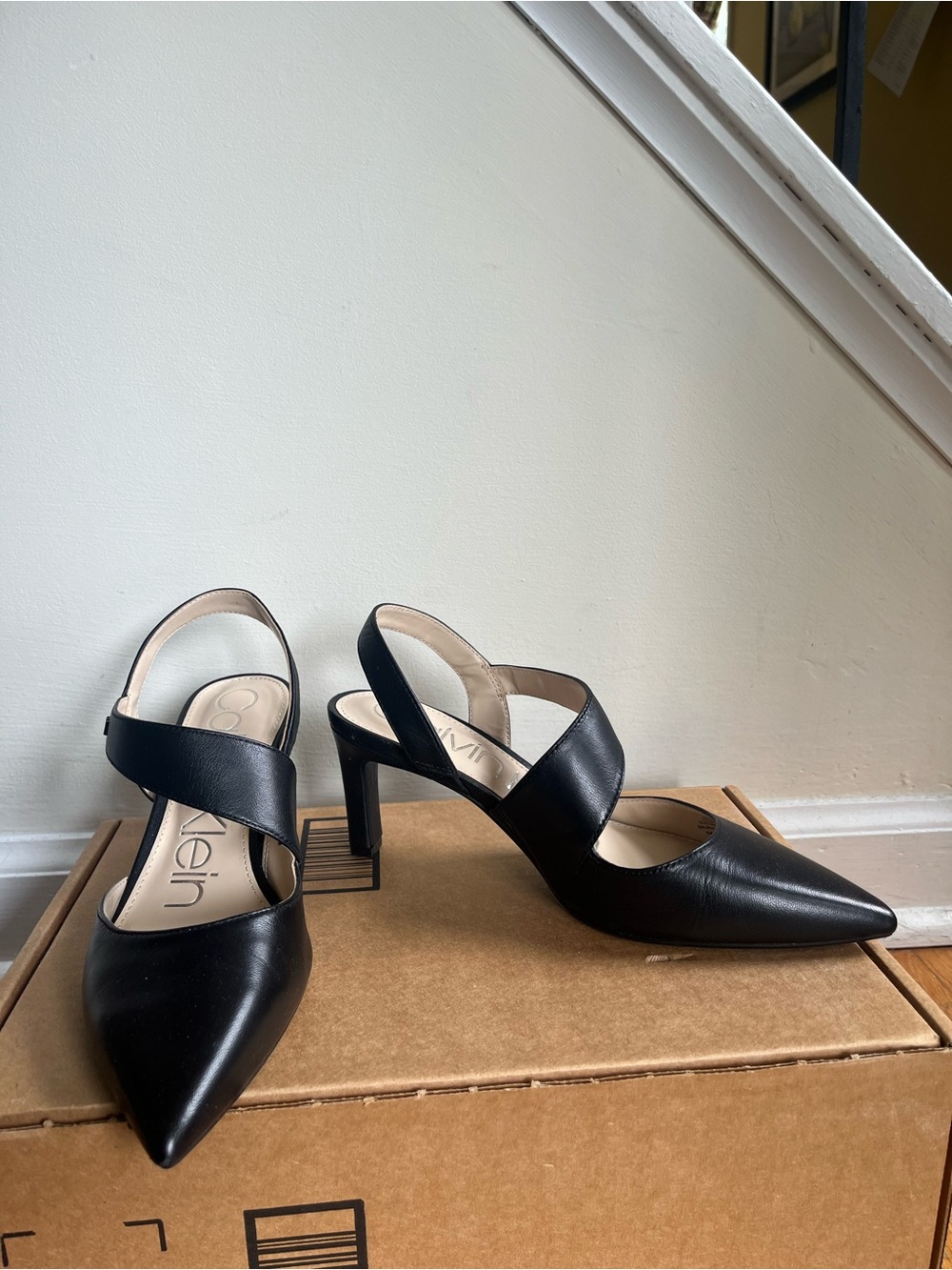 Calvin Klein Black Leather Pointed Slingback Heels